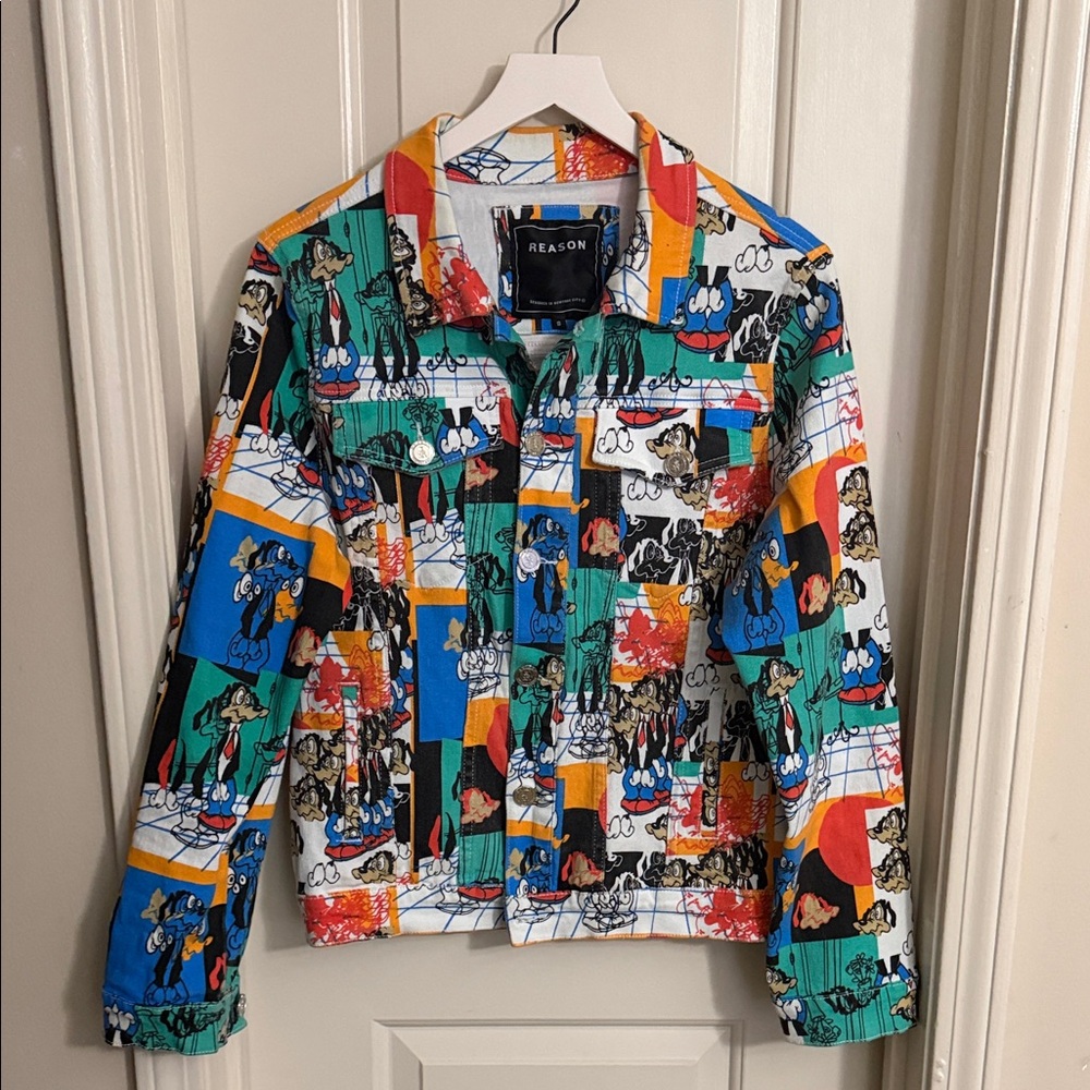 REASON Multicolor Cartoon Patchwork Denim Jacket - image 1